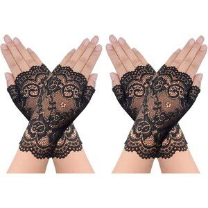 Women's 2 Pair Black Lace Fingerless Gloves Party Prom Costume Accessories